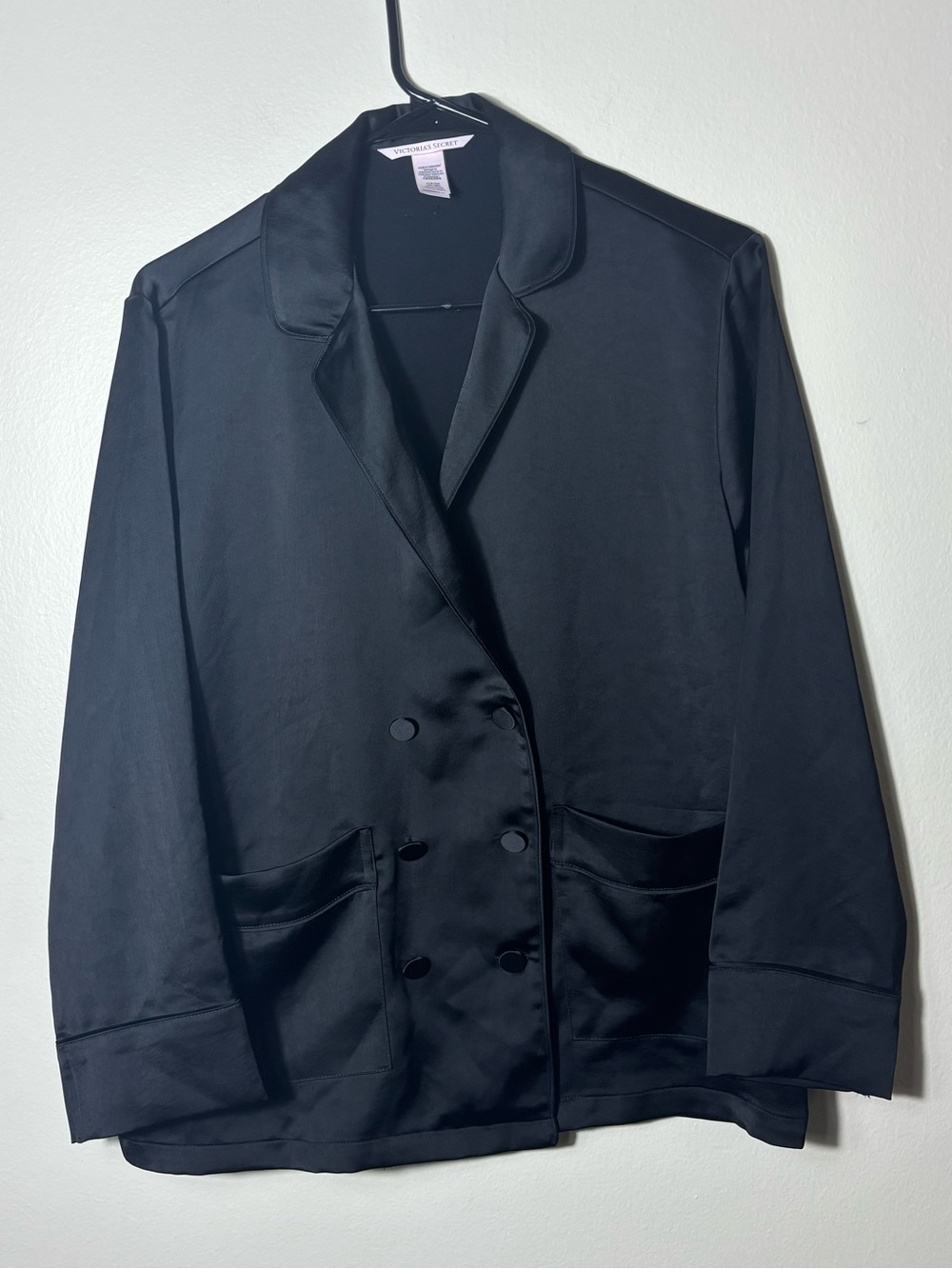 Victorias Secret Black Satin BLAZER Double Button Jacket Coat Small